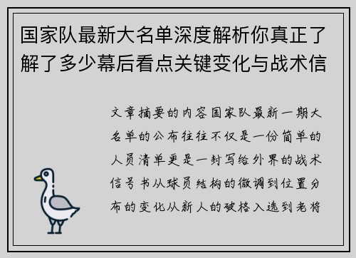 国家队最新大名单深度解析你真正了解了多少幕后看点关键变化与战术信号 国家队最新大名单深度解析你真正了解了多少幕后看点关键变化与战术信号